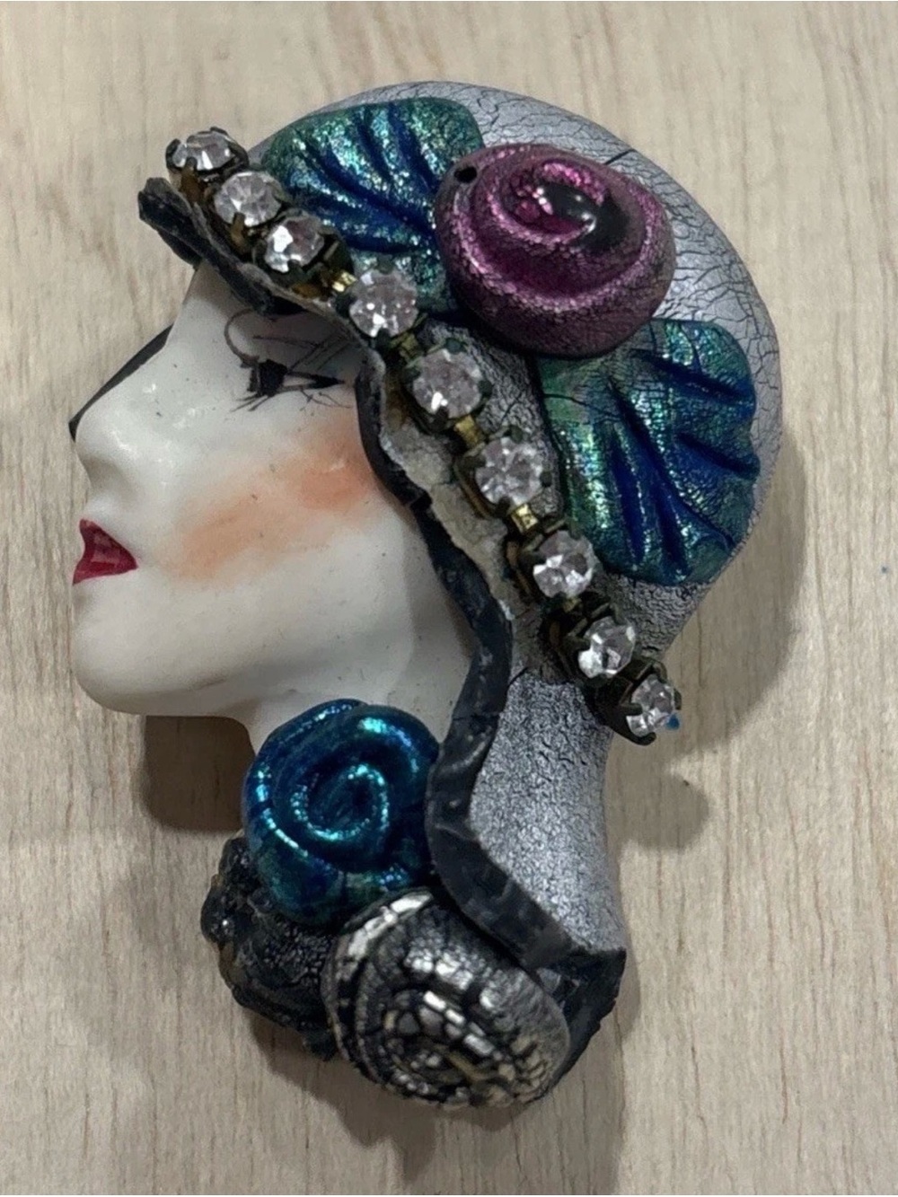 Vintage Art Deco Flapper Lady Brooch Hand Painted Porcelain Rhinestone 80s Pin